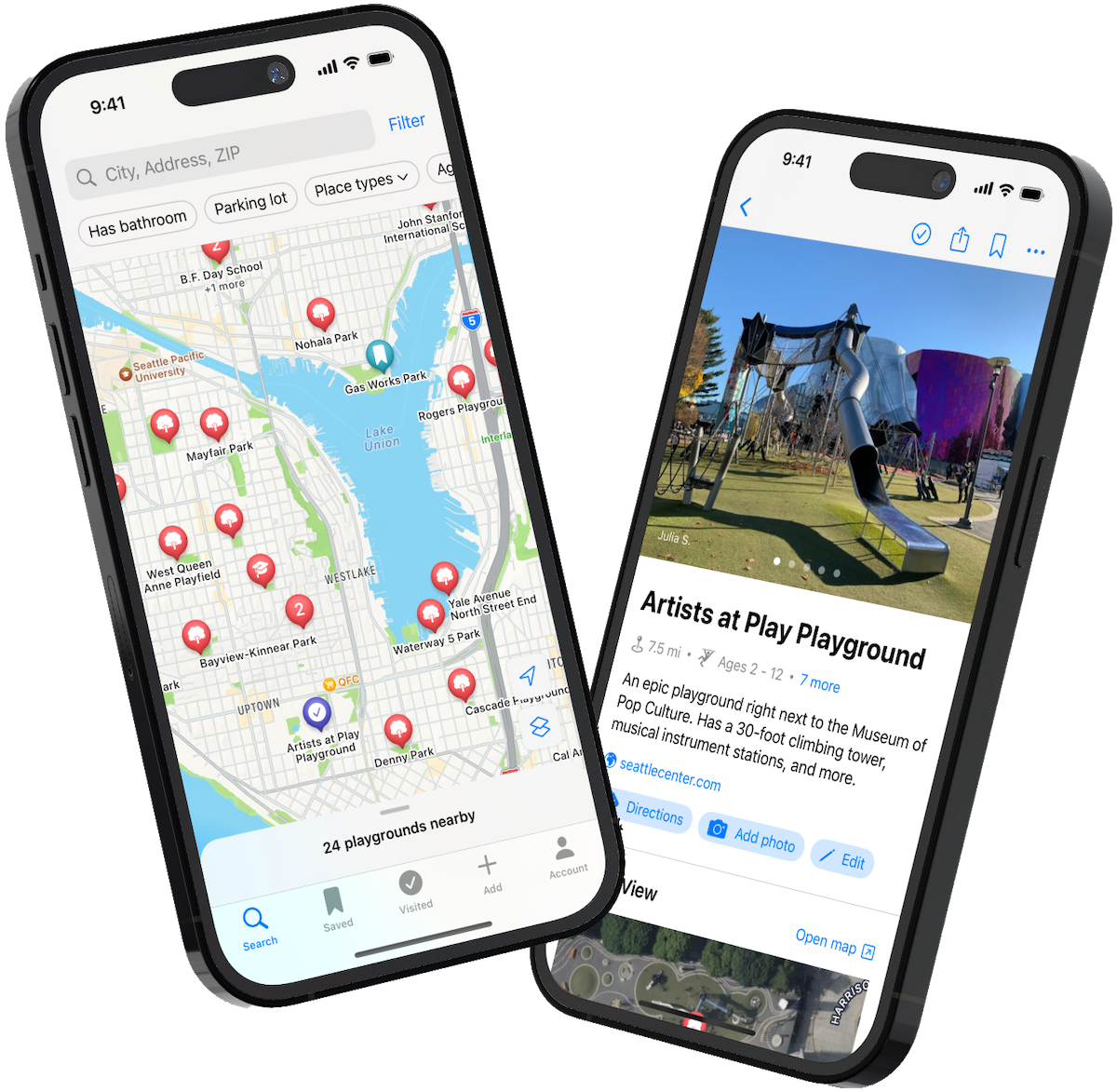 Two devices showing the PlayScout app interface with a map view and playground details