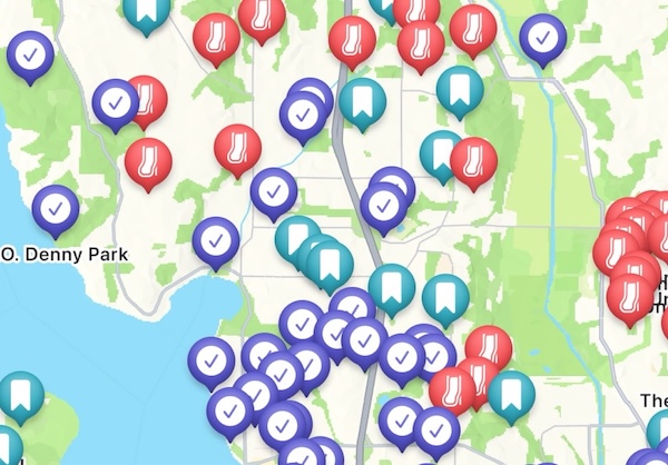 A map of playgrounds with saved and visited playgrounds highlighted